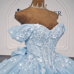 Lsdz023-Pz Precioso Vestido de Quinceañera Azul Cielo Vintage con Mangas Mariposa y Brillo de Gasa para Fiesta - Product Image 3