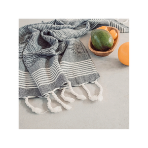 Serviettes de cuisine légères à rayures grises brodées 100% coton faites à la main Pack de deux pour le chef et la famille - Product Image 1