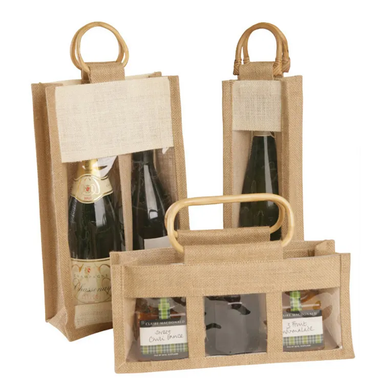Borsa tote da spiaggia con manico in rattan di bambù con finestra in pvc personalizzata borsa per vino in juta con doppia bottiglia singola con logo stampato