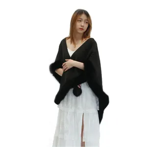 Ladies Winter Poncho Outdoor Thick Knit Cape Shawl With Fur Trim Wool Blended Winter Knit Cape Fox Fur Shawl