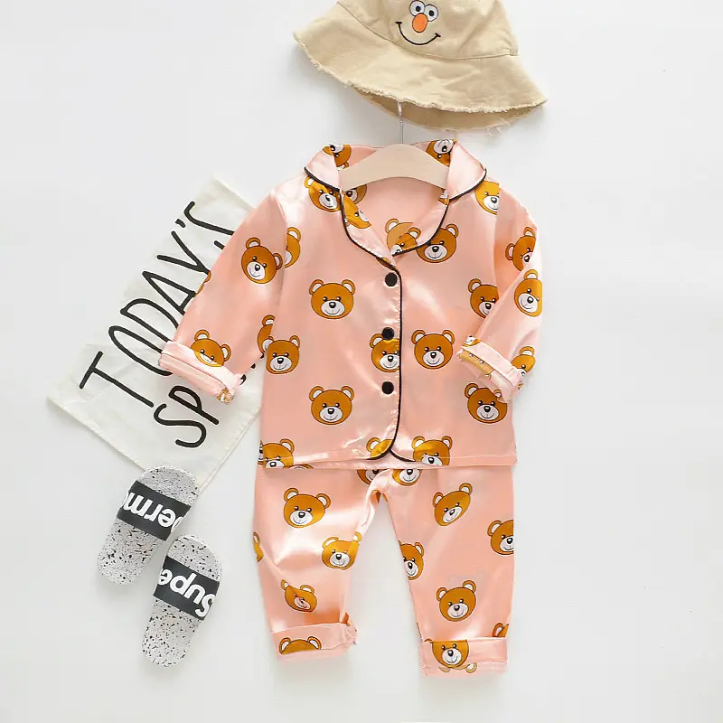 Set Piyama Pakaian Tidur Satin Bayi Perempuan Anak Laki-laki PJS Pakaian Tidur Sutra Kancing Bawah Lengan Panjang Teddy Loungewear M2194