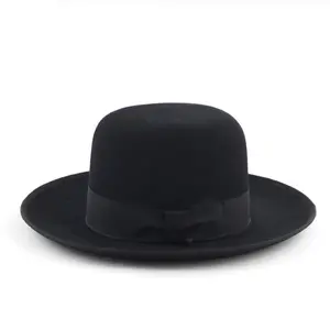 LiHua Fashion Wide Brim Wool Felt Bowler Hat 100% Australian Wool Handmade Customized Unisex Black Hats Wholesale Kippah