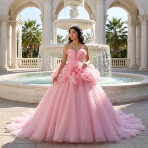251106 Robe de Quinceañera Princesse Sweetheart à Volants, Coupe Empire, Broderie de Cristaux Naturels, Dentelle et Perles, Traîne Chapelle, Longueur Ras du Sol, pour Soirée - Product Image 1