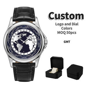 นาฬิกาจักรกล GMT หลายเขตเวลา คุณภาพสูง หรูหรา สั่งทำโลโก้ OEM หน้าปัดอะเวนเจอรีนลายแผนที่โลก ตัวเรือนสแตนเลสขนาด 40 มม. - Product Image 1