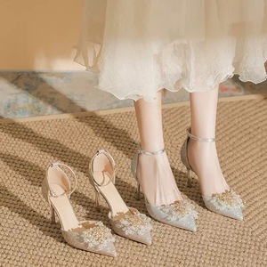 Sandali alla Moda con Cinturino alla Caviglia in Raso, Fiocco di Perle, Tacco Sottile, Punta a Spillo, per Estate e Autunno, Matrimoni e Feste, con Rialzo - Product Image 4