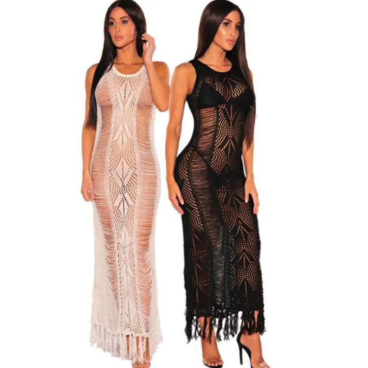 Women New Swimsuit Cover Up Sexy Women Beachwear Tank Dresses Long Beach Tunic Crochet Hollow Out Tassel Bathing Coverup Dress