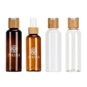 customize refillable cosmetic packaging 60ml 100ml 120ml amber pet plastic cosmetic bottle with bamboo disc top bamboo spray