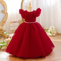 Robe de Demoiselle d'Honneur en Gros pour Filles 5-11 Ans, Robe de Princesse Unie avec Décoration Rose pour Fête, Concours, Anniversaire, Mariage, Robes Formelles