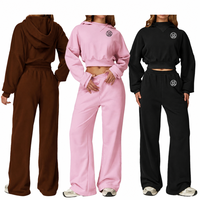 Ensemble de survêtement d'hiver pour femme en polaire unie, comprenant un sweat à capuche à col ras du cou et un pantalon de survêtement à jambe droite, respirant, coupe oversize, décontracté, avec cordon de serrage