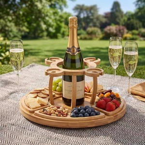 Cross-border creative wooden picnic <b>plate</b> with wine bottle storage <b>rack</b>, solid wood outdoor picnic detachable snack <b>plate</b> - Product Image 1