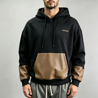 Fabricant de streetwear haut de gamme, sweat-shirts pour hommes en coton 100% noir surdimensionné, 400 g/m², avec broderie et applications en cuir