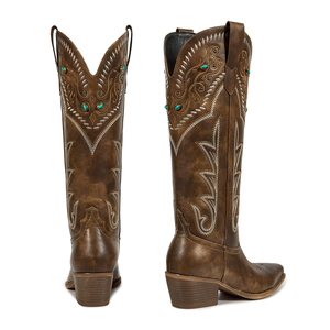 WETKISS Bottes de cowgirl western à bout pointu pour <span class=keywords><strong>femme</strong></span>, turquoise, cloutées, hauteur genou, talon épais rétro, bottes longues - Product Image 3