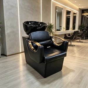 Ensemble de mobilier de salon de beauté noir et or : Bac de lavage, équipement de coiffure, chaise de coiffage, bac à shampoing - Product Image 1