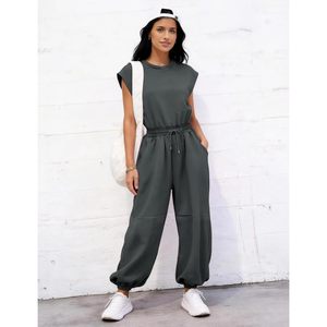 Combinaison décontractée pour femme, col rond, manches courtes, taille haute, pantalon large, tenue une pièce avec poches, printemps été, respirante - Product Image 5