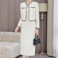 Personnalisé pur polyester Blanc Décontracté Automne Couleur Unie Luxe 2 Pièces Col V Bouton Blazer Tweed Costume Robe Midi Ensemble Femmes Pas Cher