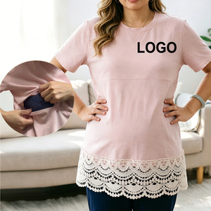 <span class=keywords><strong>T</strong></span>-<span class=keywords><strong>shirt</strong></span> d'allaitement personnalisable en coton à manches courtes avec ourlet en dentelle, coupe ajustée pour mamans - Product Image 1