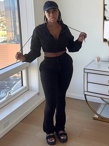 C0509 <span class=keywords><strong>abbigliamento</strong></span> donna moda con cappuccio felpa con cappuccio giacca Micro svasata Set 2 pezzi - Product Image 2