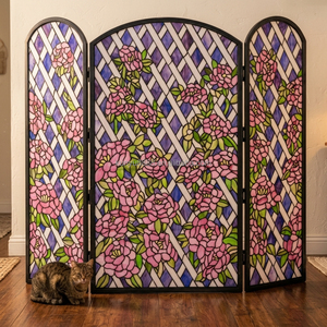 Customized Stained Glass Room Divider 3 Panels Floral Pattern Red Roses Blue Background Freestanding Decorative <b>Screen</b> - Product Image 2