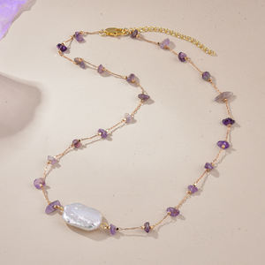 Collar de Moda Chic para el Día a Día con Cuentas de Amatista Delicadas y Perla Barroca, Cadena Dorada con Detalles de Cuentas - Product Image 5