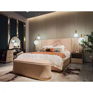 意大利豪华大床头板特大双人床套装现代木制框架全卧室软垫床别墅家具套装