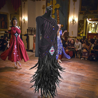 Robe de danse latine noire pour femme avec jupe en plumes et strass-Costume de compétition à manches longues