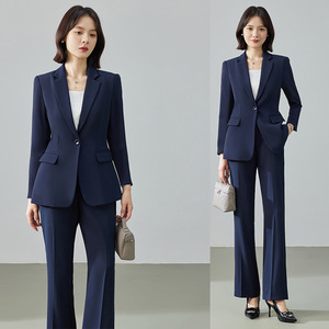 Women's Navy Blue Suit Set Flared Pants Anti-Wrinkle Polyester Work Commute Wear - Product Image 1