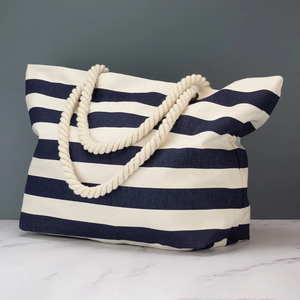Halat kolu ile özel Logo kişiselleştirilmiş boy çizgili plaj kanvas çanta doğal renk pamuk Tote çanta - Product Image 1