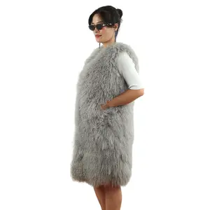 여성을위한 아름다운 긴 새로운 패션 라운드 칼라 민소매 모피 질레와 겨울 푹신한 몽골리안 양 모피 조끼