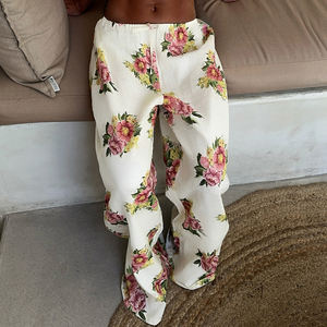 Pantalones Largos Casuales de Estilo Vacacional con Estampado Floral, Cintura Elástica y Lazos en la Espalda, Diseño Relajado - Product Image 2