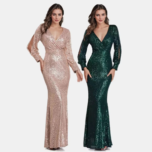 Primavera Classing Style Envío rápido Vestidos verdes Mujeres Vestido de noche largo Manga larga Señoras Vestido informal - Product Image 4