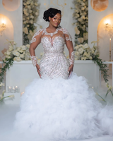 Robes de mariée sirène en dentelle blanche grande taille Aso Ebi 2024, dentelle luxueuse, strass, manches longues, volants, robe vintage