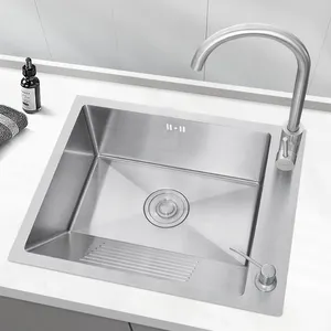 Buatan tangan baja tahan karat persegi cuci pakaian wastafel dengan papan cuci mangkuk tunggal wastafel kamar mandi pintar