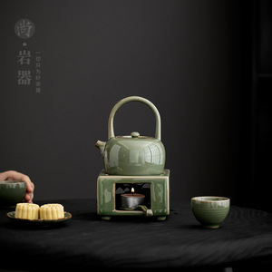 Juego de tetera y calentador de té estilo retro, tetera de gres con esmalte verde bambú y calentador de vela para el té de la tarde - Product Image 1