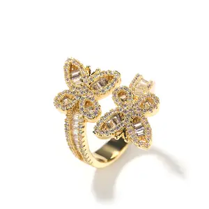 Custom White Gold Plated Resizable Rings Jewelry Baguette Cubic Zircon Diamond Brass Butterfly Rock Ring For Women