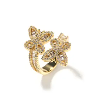 Bagues redimensionnables plaquées or blanc personnalisées Bague pour femme en forme de papillon en laiton avec diamant et zircon cubique