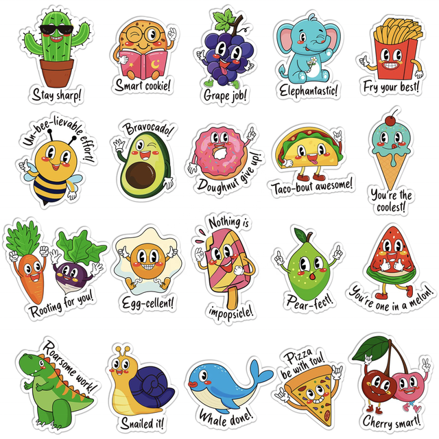 20-Sticker/Sheet Waterproof Cartoon Animal Fruit Fun Reward Stickers (PVC/PET Material) for Back School-Kindergarten Elementary