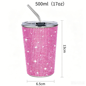 17oz diamond-encrusted stainless steel single-layer straight cup <b>with</b> <b>straw</b> and lid metal cups stainless steel - Product Image 2