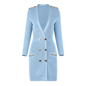 Elegante <span class=keywords><strong>Abito</strong></span> Cardigan in Maglia a Coste <span class=keywords><strong>Blu</strong></span> Chiaro con Scollo a V e <span class=keywords><strong>Doppio</strong></span> <span class=keywords><strong>Petto</strong></span>, Maniche Lunghe, Vestibilità Slim, per Ufficio, Lunghezza Midi - Product Image 1