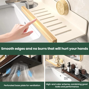 Étagère de salle de bain en bois de noyer à ventouse, sans perçage, amovible, murale, avec drain, organisateur de rangement pour vanité - Product Image 3