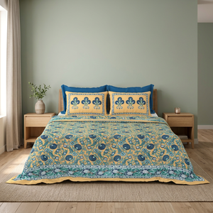 Draps plats en coton imprimé de qualité supérieure, style bohème floral indien, pour lit Queen ou King, fabriqués à Jaipur - Product Image 3