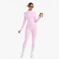 Set Yoga 2 Potong OEM Wanita, Jaket Crop Lengan Panjang Kerah Tegak Resleting Penuh dengan Lubang Ibu Jari, Legging Pinggang Tinggi Model Peach Butt, Pakaian Olahraga Aktif
