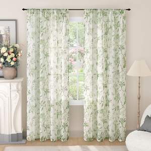 Lajode Rideaux transparents élégants <span class=keywords><strong>vert</strong></span> <span class=keywords><strong>sauge</strong></span> avec motif de feuilles de printemps pour le salon et la chambre à coucher 72x52 pouces 2 panneaux - Product Image 1