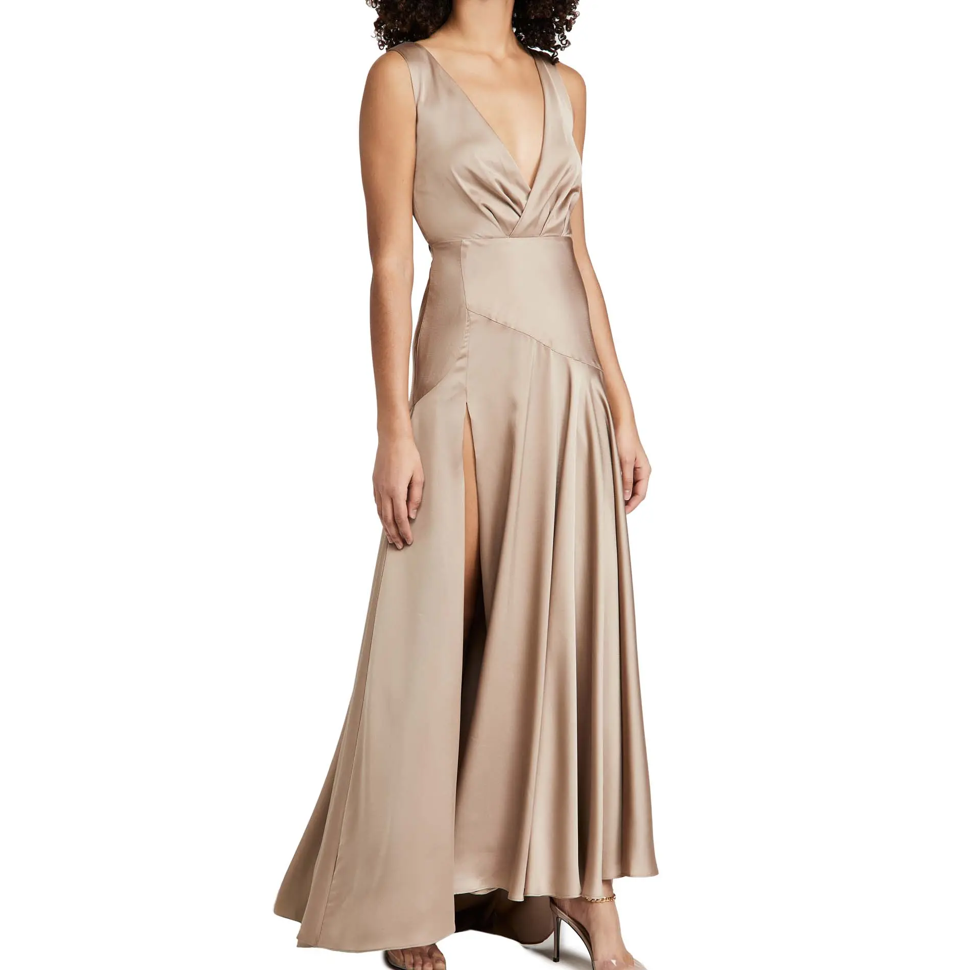 Gorgeous lady's gown wide skirt with long and thigh slits and short tail low V-neck open back pleated party dresses