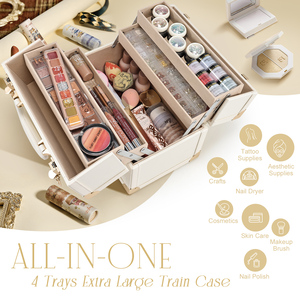 Large <b>Makeup</b> Train <b>Case</b> with 4 Trays Lockable Cosmetic Box Make up Artist Organizer <b>Case</b> Professional <b>Makeup</b> Box Nail Organizer - Product Image 2