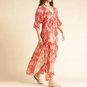 फैक्टरी डिजाइन बोहेमियन प्रिंट गहरा v लघु आस्तीन स्लिट मैक्सी ड्रेस कस्टम 100% रेयन वॉइल बीच पोशाक - Product Image 5