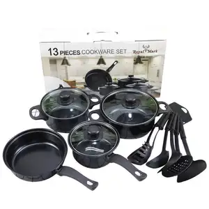 SJA002-ollas y sartenes antiadherentes de hierro fundido negro, 13 piezas, juego de utensilios de cocina, gran oferta