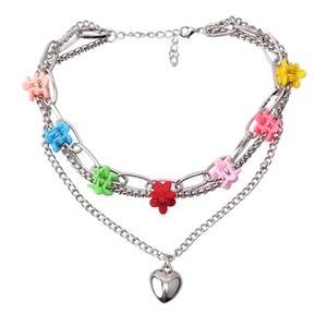 Collar de cadena de flores de varias capas de estilo coreano con colgante de corazón para mujer, joyería de aleación de zinc para uso diario - Product Image 5