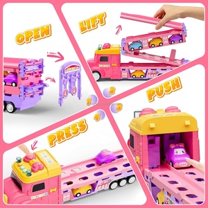 Camión de Transporte Rosa Princesa DWI, Juguetes Educativos, Camión Plegable, <span class=keywords><strong>Pista</strong></span> de Carreras con Expulsión, Coche de Almacenamiento con 4 Mini Coches - Product Image 3