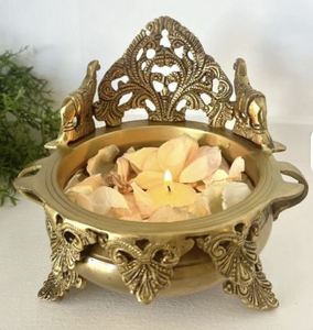 Modern Style Handcrafted Brass Uruli Bowl <b>Elephant</b> <b>Decor</b> Gold-Plated Through-Carved Hard Enamel Letterpress Printed Angel Style - Product Image 2