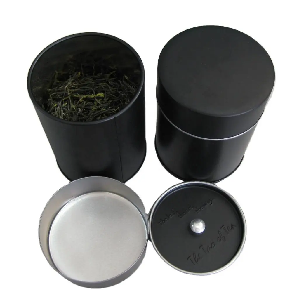Teedose Runde Metall Mattschwarz Dose mit Knopf Innen deckel Luftdicht Schwarz Recycelte Materialien Angemessene Verpackung, Tee Weißblech, Dose